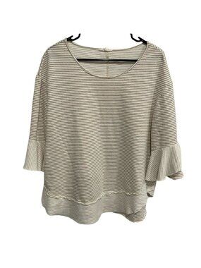 Kye Mi Large Striped Beige White Ruffle Sleeve Cotton Blend Top Minimalist